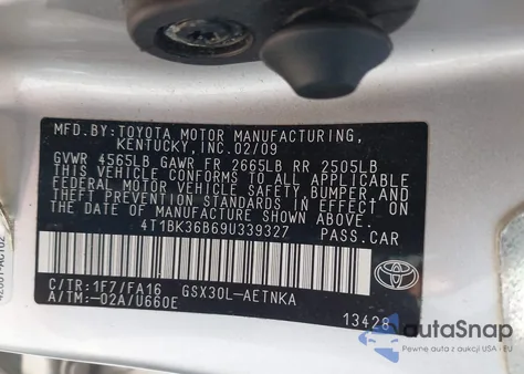 2009 Toyota Avalon Xl из США, поврежденный, VIN 4T1BK36B69U339327